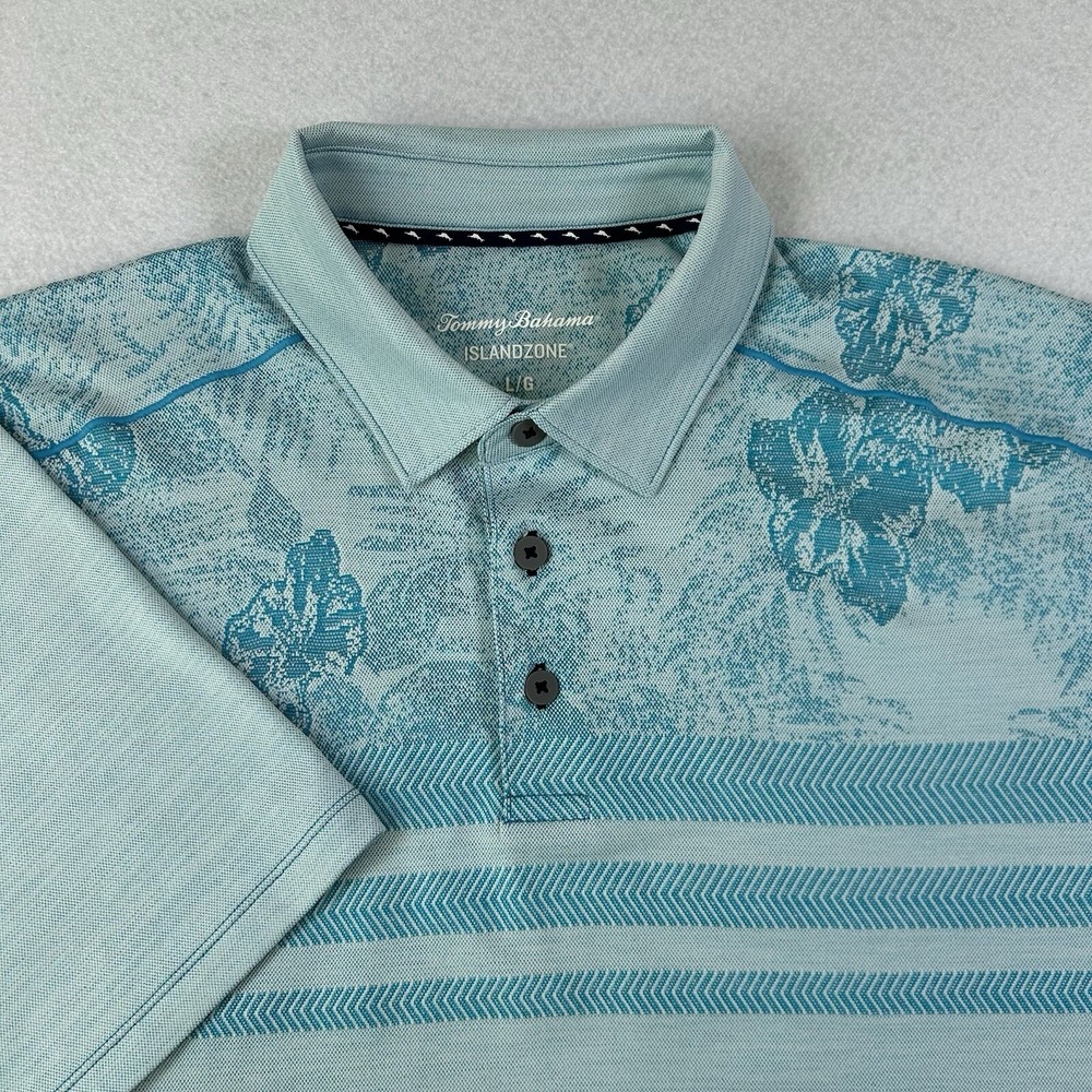 Tommy Bahama Island Zone Polo Shirt Mens L Blue Hibiscus‎ Horizon Golf Floral